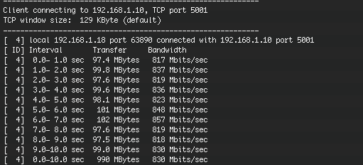 iperf -c 192.168.1.10 -P 1 -i 1 -t 10